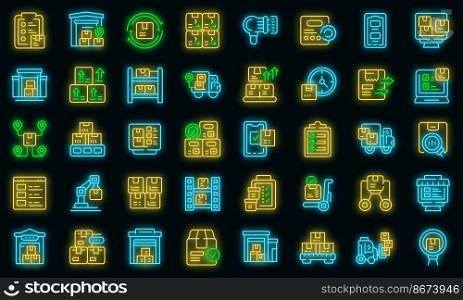 Inventory optimization icons set outline vector. Location management. Delivery shipment vector neon. Inventory optimization icons set outline vector. Location management vector neon