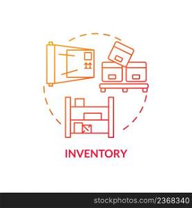 Inventory red gradient concept icon. Goods in process and raw materials. Production process. Type of muda abstract idea thin line illustration. Isolated outline drawing. Myriad Pro-Bold font used. Inventory red gradient concept icon