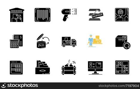 Inventory tracking black glyph icons set on white space. Warehousing, goods receipt and purchase returns. Financial accounting and inventory control. Silhouette symbols. Vector isolated illustration