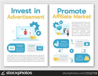 Invest in advertisement brochure template. Promote affiliate market. Flyer, booklet, leaflet concept, flat illustrations. Vector page cartoon layout for magazine. advertising invitation, text space. Invest in advertisement brochure template
