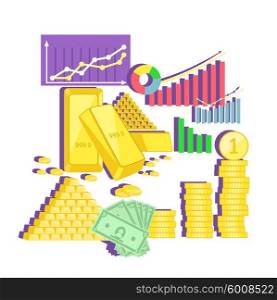 Invest in gold concept icon flat design. Finance investment money, business and coin currency, cash wealth, golden earning, rich and income, profit treasure, financial value account illustration