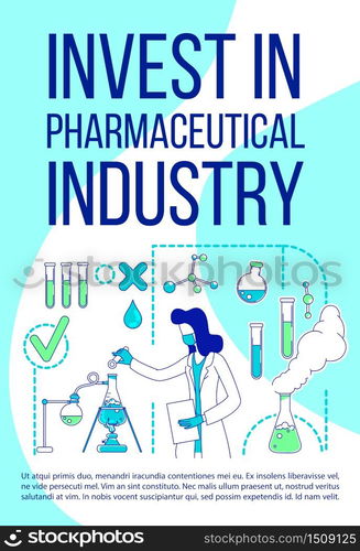 Invest in pharmaceutical industry poster flat silhouette vector template. Science brochure, booklet one page concept design with cartoon characters. Medical research flyer, leaflet with text space. Invest in pharmaceutical industry poster flat silhouette vector template