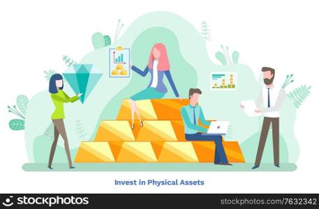 Invest in physical assets, precious and diamond savings. Man and woman consulting and accounting, financial technology, company income, graph report vector. Savings and Invest, Brilliant and Ingot Vector