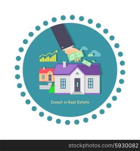Invest in real estate icon flat design. House building, investment money, industry financial, finance and business residential, architecture home, construction illustration