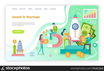Invest in startup vector, man and woman with magnet and money coins and rocket with banknotes, magnet and profit. Benefit out of project. Website or webpage template, landing page flat style. Investing in Startup, People and New Project Web