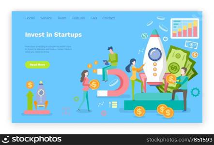 Invest in startup vector, man and woman with money giving financial assets to development of new project. Magnet with coins and rocket spaceship. Website or webpage template, landing page flat style. Invest in Startup, People with Money and Rocket