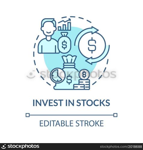Invest in stocks blue concept icon. Making money online method abstract idea thin line illustration. High potential return. Exchange-traded fund. Vector isolated outline color drawing. Editable stroke. Invest in stocks blue concept icon