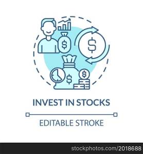 Invest in stocks blue concept icon. Making money online method abstract idea thin line illustration. High potential return. Exchange-traded fund. Vector isolated outline color drawing. Editable stroke. Invest in stocks blue concept icon