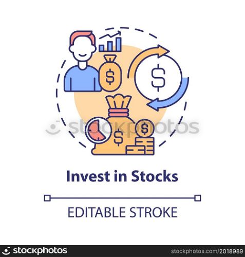 Invest in stocks concept icon. Making money online method abstract idea thin line illustration. High potential return. Online investment account. Vector isolated outline color drawing. Editable stroke. Invest in stocks concept icon