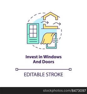 Invest in windows and doors concept icon. Air ventilation design approach abstract idea thin line illustration. Isolated outline drawing. Editable stroke. Arial, Myriad Pro-Bold fonts used. Invest in windows and doors concept icon