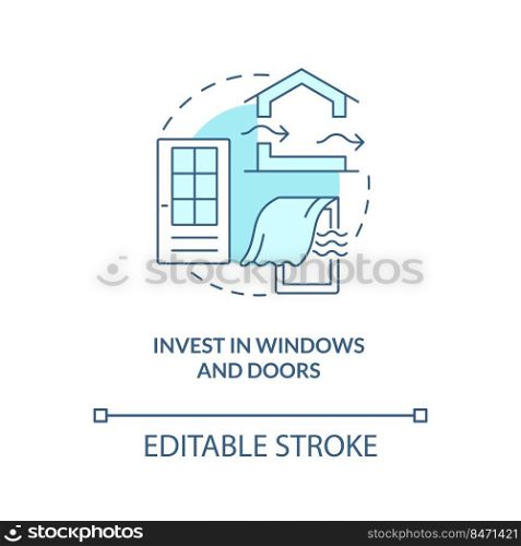 Invest in windows and doors turquoise concept icon. Air ventilation design approach abstract idea thin line illustration. Isolated outline drawing. Editable stroke. Arial, Myriad Pro-Bold fonts used. Invest in windows and doors turquoise concept icon