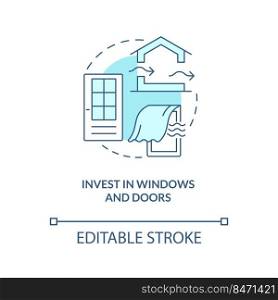 Invest in windows and doors turquoise concept icon. Air ventilation design approach abstract idea thin line illustration. Isolated outline drawing. Editable stroke. Arial, Myriad Pro-Bold fonts used. Invest in windows and doors turquoise concept icon