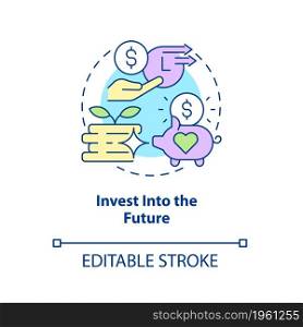 Invest into the future concept icon. Building retirement fund abstract idea thin line illustration. Saving money and growing income. Vector isolated outline color drawing. Editable stroke. Invest into the future concept icon