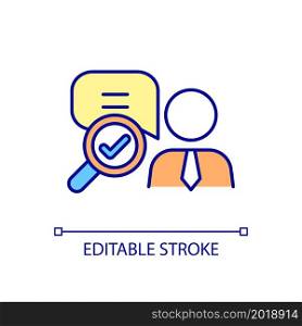Investigate employee enquiry RGB color icon. Check response from worker. Human resources. Work and business management. Isolated vector illustration. Simple filled line drawing. Editable stroke. Investigate employee enquiry RGB color icon
