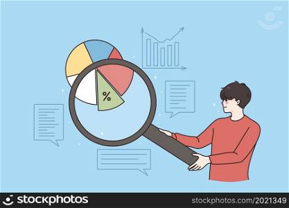 Investigating market share business concept. Young man worker standing holding magnifier and looking percent of market share over statistics vector illustration . Investigating market share business concept.