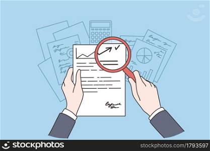 Investigation, business document, research concept. Hands of Businessman analyzing financial document using magnifying glass looking at finance account illustration vector. Investigation, business document, research concept