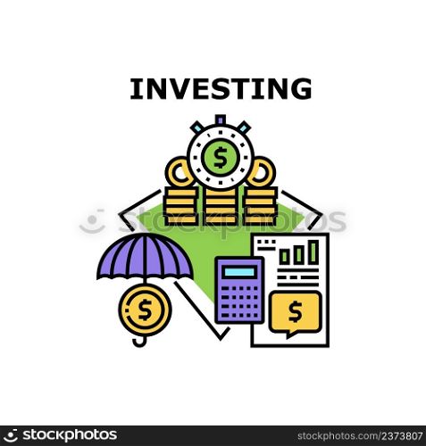 Investing Business Vector Icon Concept. Investing Business For Earning Money And Protect Financial Capital, Protection Invest Researching Financial Document And Calculate Wealth Color Illustration. Investing Business Vector Concept Illustration