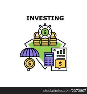 Investing Business Vector Icon Concept. Investing Business For Earning Money And Protect Financial Capital, Protection Invest Researching Financial Document And Calculate Wealth Color Illustration. Investing Business Vector Concept Illustration