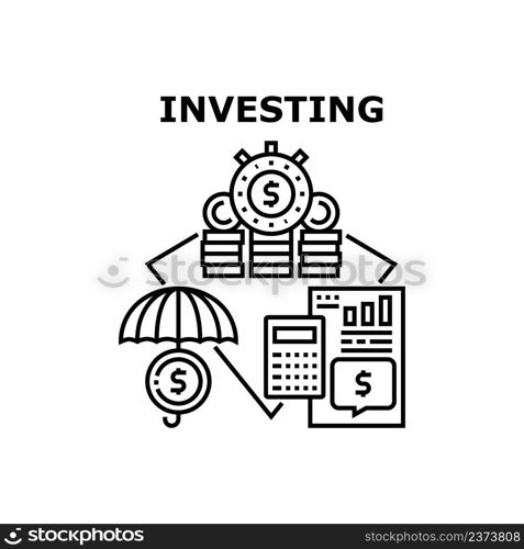 Investing Business Vector Icon Concept. Investing Business For Earning Money And Protect Financial Capital, Protection Invest Researching Financial Document And Calculate Wealth Black Illustration. Investing Business Vector Concept Illustration