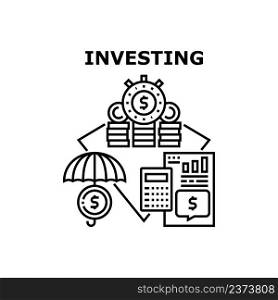 Investing Business Vector Icon Concept. Investing Business For Earning Money And Protect Financial Capital, Protection Invest Researching Financial Document And Calculate Wealth Black Illustration. Investing Business Vector Concept Illustration