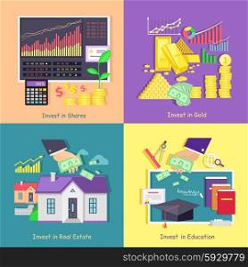 Investing in gold, studies, real estate shares. Investment education and property, finance business, wealth and money, financial saving, invest market, banking economy, development growth illustration
