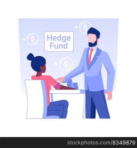 Investing in hedge fund isolated concept vector illustration. Businessman talking to mutual fund representative, develop startup strategy, financial help, raising money vector concept.. Investing in hedge fund isolated concept vector illustration.
