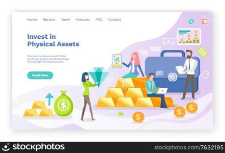 Investing in physical assets vector, woman holding diamond, precious stone and gold bars of investors. Man working on laptop looking at stats. Website or webpage template, landing page flat style. Invest in Physical Assets, Money and Gold Web