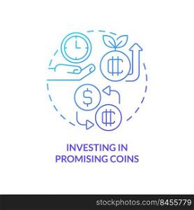 Investing in promising coins blue gradient concept icon. Perspective project. Way to make money on crypto abstract idea thin line illustration. Isolated outline drawing. Myriad Pro-Bold font used. Investing in promising coins blue gradient concept icon