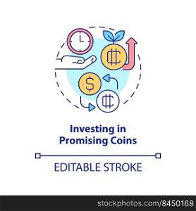 Investing in promising coins concept icon. Way to make money on crypto abstract idea thin line illustration. Isolated outline drawing. Editable stroke. Arial, Myriad Pro-Bold fonts used. Investing in promising coins concept icon
