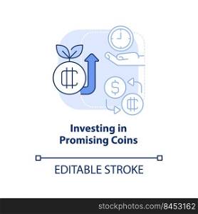 Investing in promising coins light blue concept icon. Way to make money on crypto abstract idea thin line illustration. Isolated outline drawing. Editable stroke. Arial, Myriad Pro-Bold fonts used. Investing in promising coins light blue concept icon