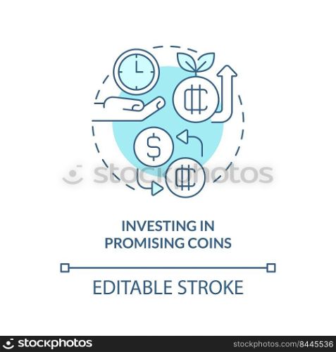 Investing in promising coins turquoise concept icon. Way to make money on crypto abstract idea thin line illustration. Isolated outline drawing. Editable stroke. Arial, Myriad Pro-Bold fonts used. Investing in promising coins turquoise concept icon