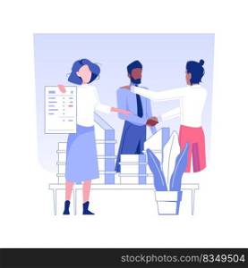 Investing in real estate isolated concept vector illustration. Business people signing contract about buying or renting property, brokerage company business, shaking hands vector concept.. Investing in real estate isolated concept vector illustration.