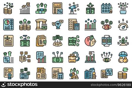 Investing money icons set outline vector. Market bank. Loan jar thin line color flat on white isolated. Investing money icons set vector line color