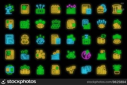 Investing money icons set outline vector. Market bank. Loan jar neon color on black. Investing money icons set vector neon