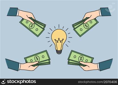 Investing money in good idea concept. Hands of investors business people giving money putting cash dollars to great business idea for development vector illustration . Investing money in good idea concept.