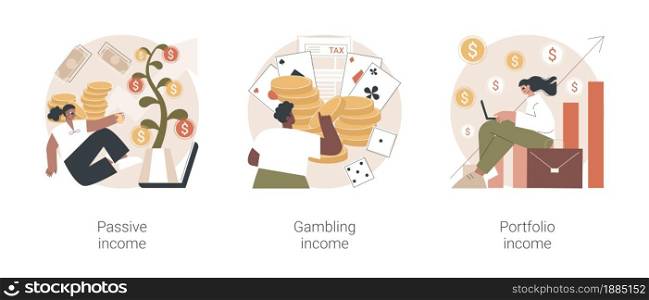 Investing savings abstract concept vector illustration set. Passive income, gambling winning, investment portfolio, dividends and property profit, online casino, cash flow abstract metaphor.. Investing savings abstract concept vector illustrations.