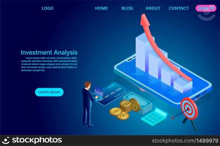 Investment analysis concept. analysis of sales, statistic grow data, accounting infographic with characters. flat isometric vector illustration