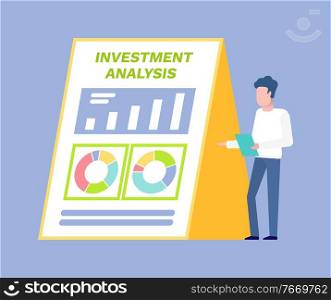 Investment analysis vector, person giving presentation male wearing formal suit showing infochart concerning finance and a. Investment Analysis Male Presenting New Plan Board