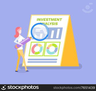 Investment analysis vector, person leading research of bank, woman with magnifying glass in hands, lady with tool searching for results flat style. Investment Analysis Woman with Magnifying Glass