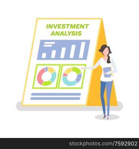 Investment analysis vector, person working on collecting results and information on advantages of investors. Woman presenting business concept idea. Investment Analysis Woman with Clipboard Info