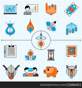 Investment and banking line icons set with diagrams and arrows flat isolated  vector illustration  . Investment Line Icons Set