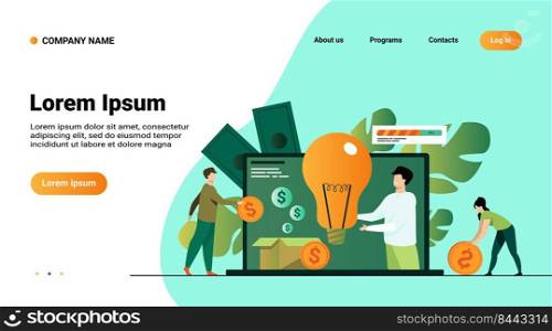 Investment and crowdfunding concept. People investing money to startup project, raising cash for donation on internet. Vector illustration for cooperation, business, sponsor topics