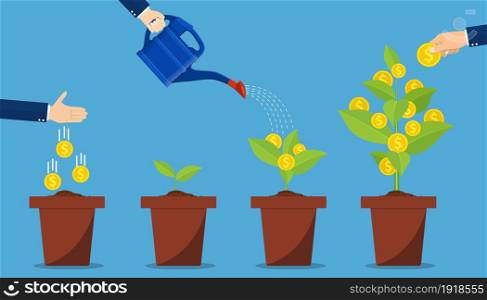 Investment and profit represented by hands watering and picking money plants. Financial growth concept. Vector illustration in flat style. Hand with can watering money tree.