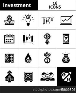 Investment and stock trader black icons set isolated vector illustration. Investment Icons Black