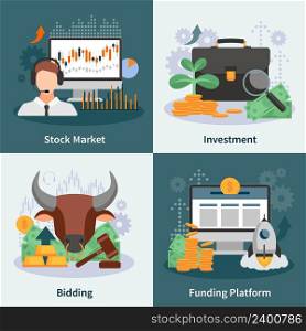 Investment and trading 2x2 design concept with broker bidding market rate venture capital images flat vector illustration. Investment And Trading 2x2 Design Concept