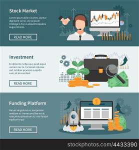 Investment And Trading Horizontal Banners. Investment and trading horizontal banners set with stock market funding platform and financial management design compositions flat vector illustration