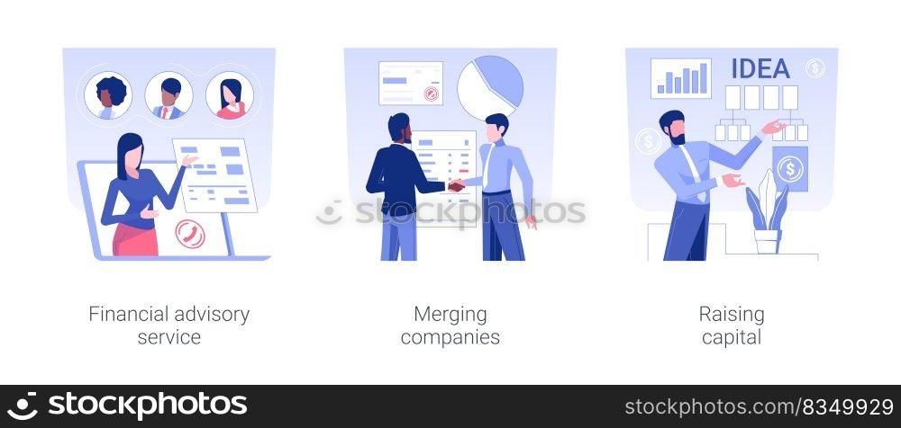 Investment bank isolated concept vector illustration set. Financial advisory service, merging companies, raising capital, financial advisor, money investment, successful deal vector cartoon.. Investment bank isolated concept vector illustrations.