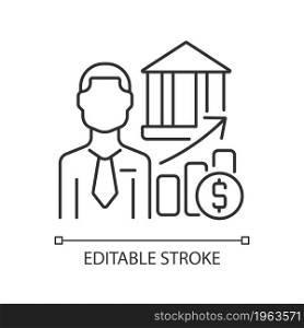 Investment banker linear icon. Asset market and finance advisor. Capital raising specialist. Thin line customizable illustration. Contour symbol. Vector isolated outline drawing. Editable stroke. Investment banker linear icon