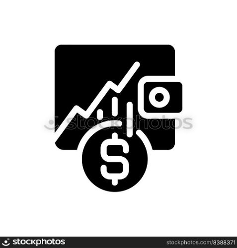 Investment black glyph icon. Earning money from stocks. Financial market. Economic growth. Online trading platform. Silhouette symbol on white space. Solid pictogram. Vector isolated illustration. Investment black glyph icon