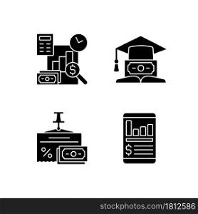 Investment black glyph icons set on white space. Education loan. Money management. Financial literacy. Understanding finance and economy. Silhouette symbols. Vector isolated illustration. Investment black glyph icons set on white space